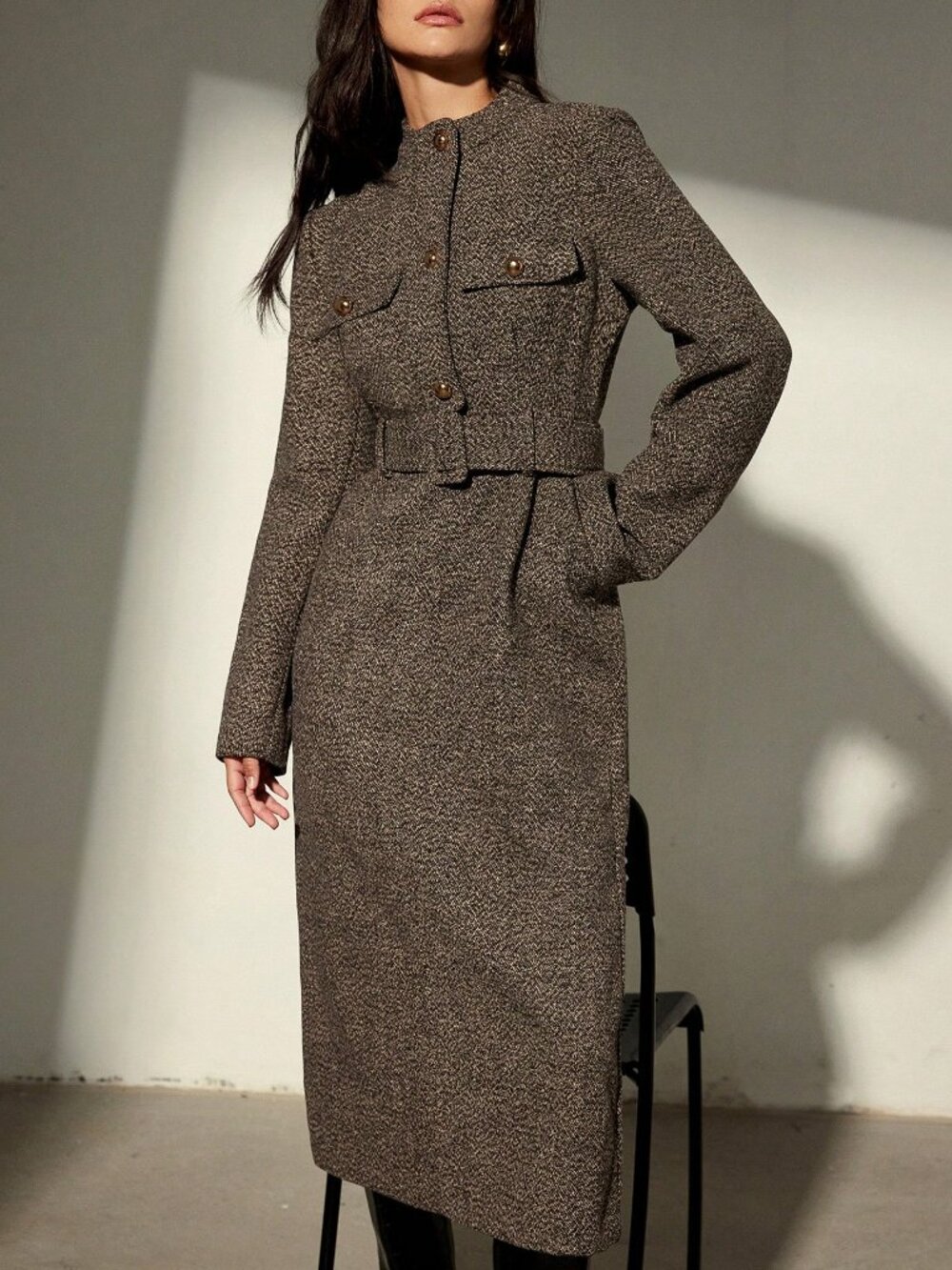 Brown Elegant Women's Split Button Front High Waist Midi Dress